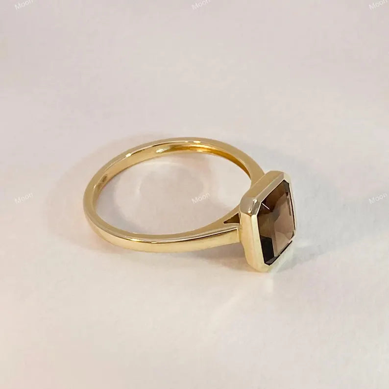 Unique Smoky Quartz Ring 14k Solid Gold Emerald Cut Engagement Ring Left SIde