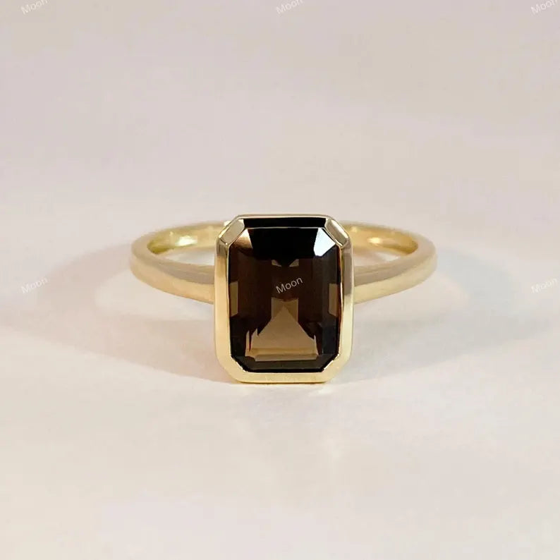 Unique Smoky Quartz Ring 14k Solid Gold Emerald Cut Engagement Ring