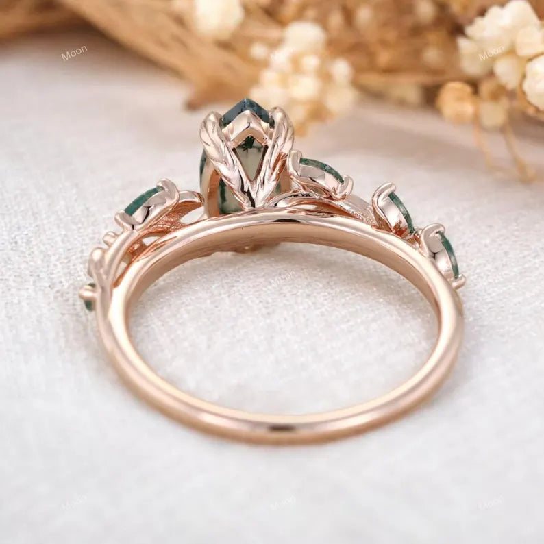 Marquise shaped Moss Agate Engagement ring Back  Side