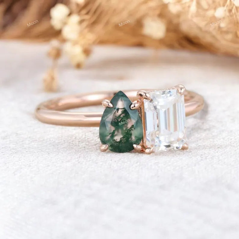 Two Stone Ring Emerald & Pear Cut Ring