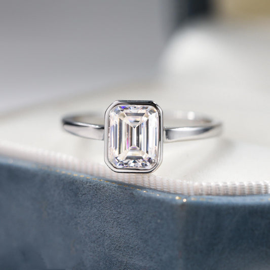 Emerald Cut Moissanite Bezel Sterling Silver Ring