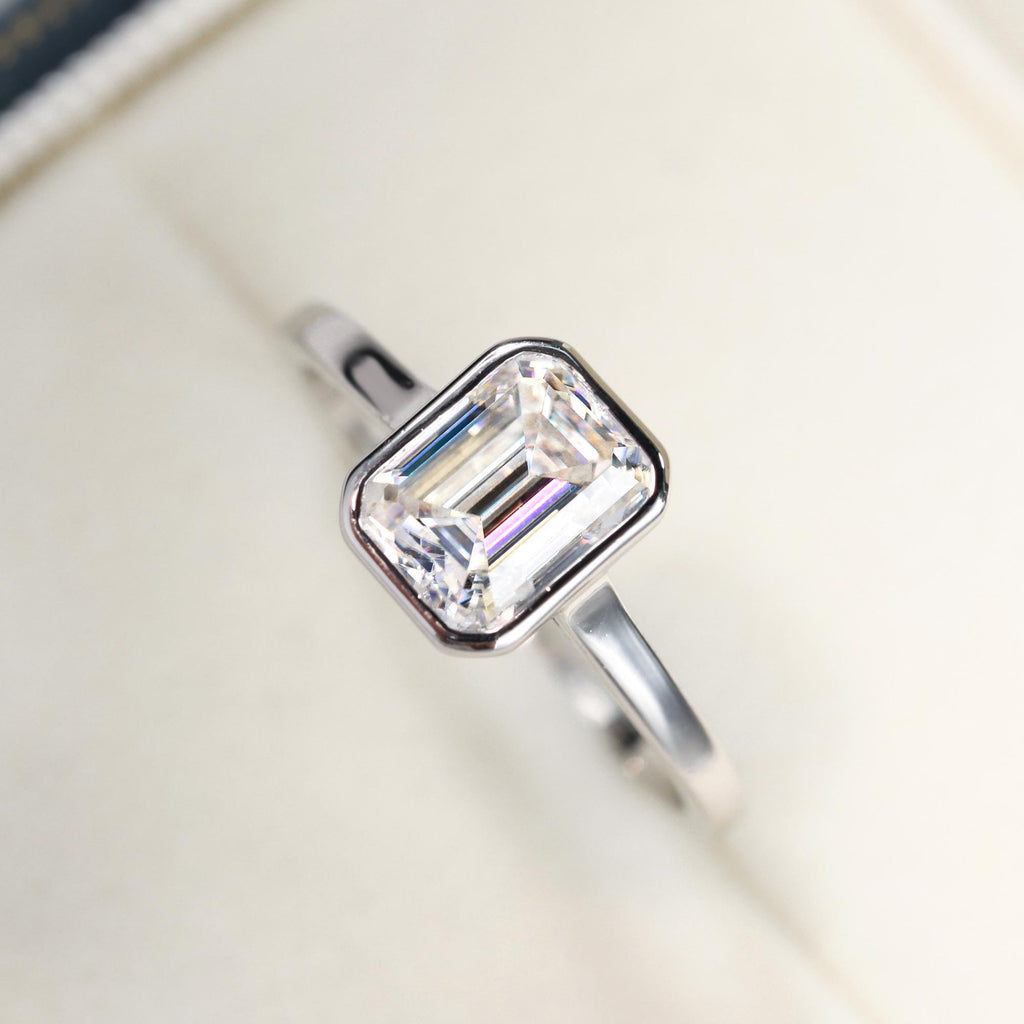 Emerald Cut Moissanite Bezel Sterling Silver Ring Top  view