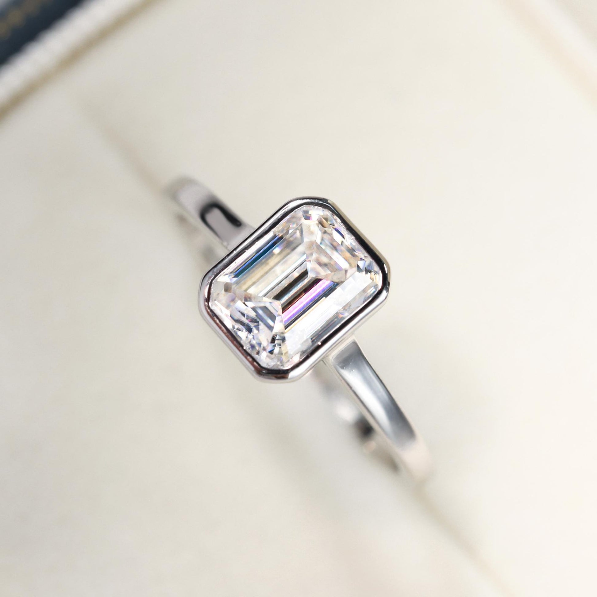 Emerald Cut Moissanite Bezel Sterling Silver Ring Top  view