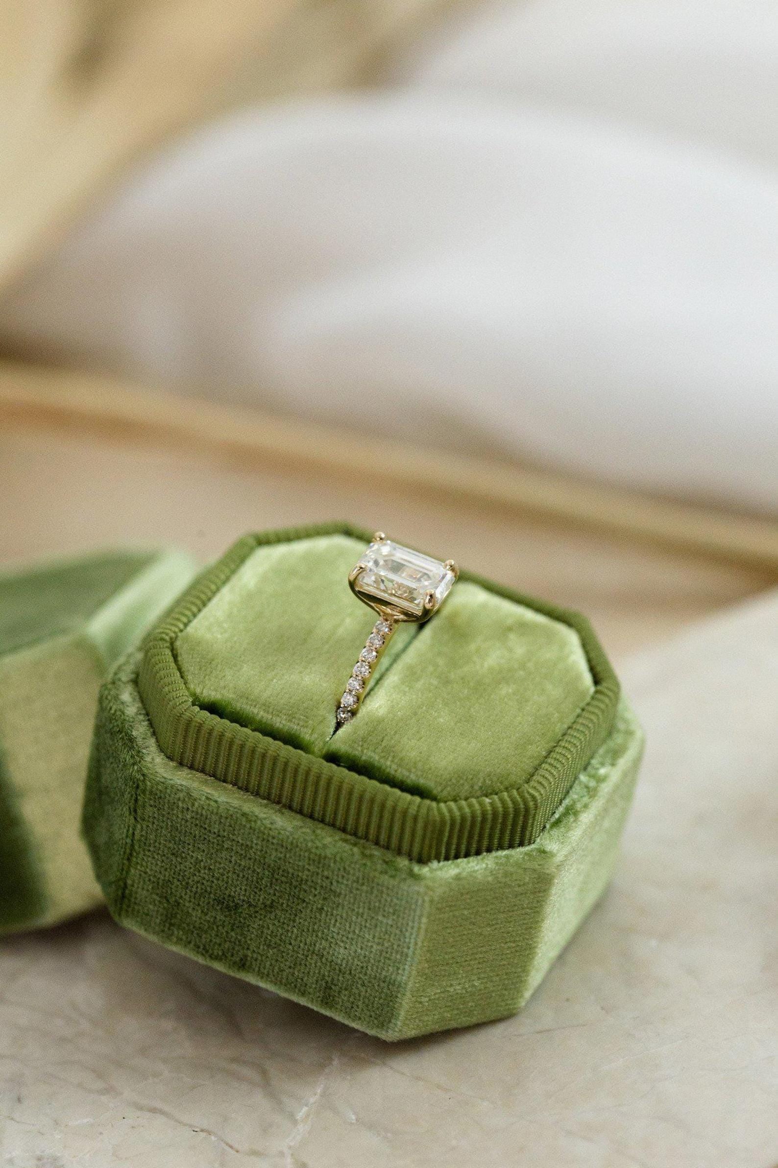Emerald Cut Moissanite Halo Half Eternity Engagement Ring Side Angle