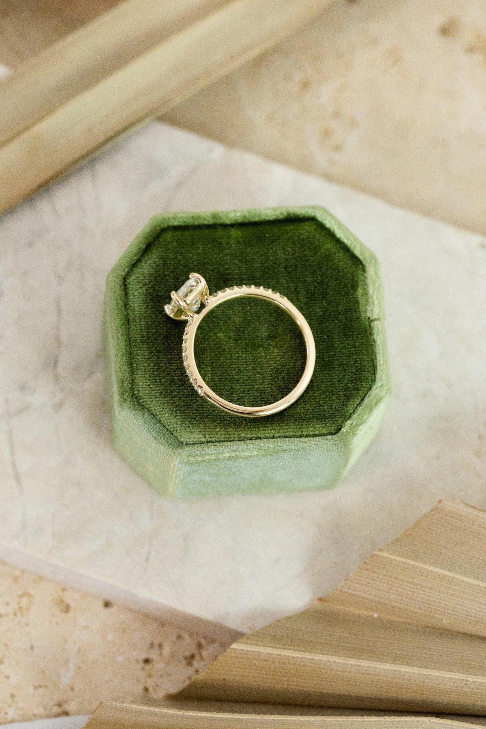 Emerald Cut Moissanite Halo Half Eternity Engagement Ring Back SIde
