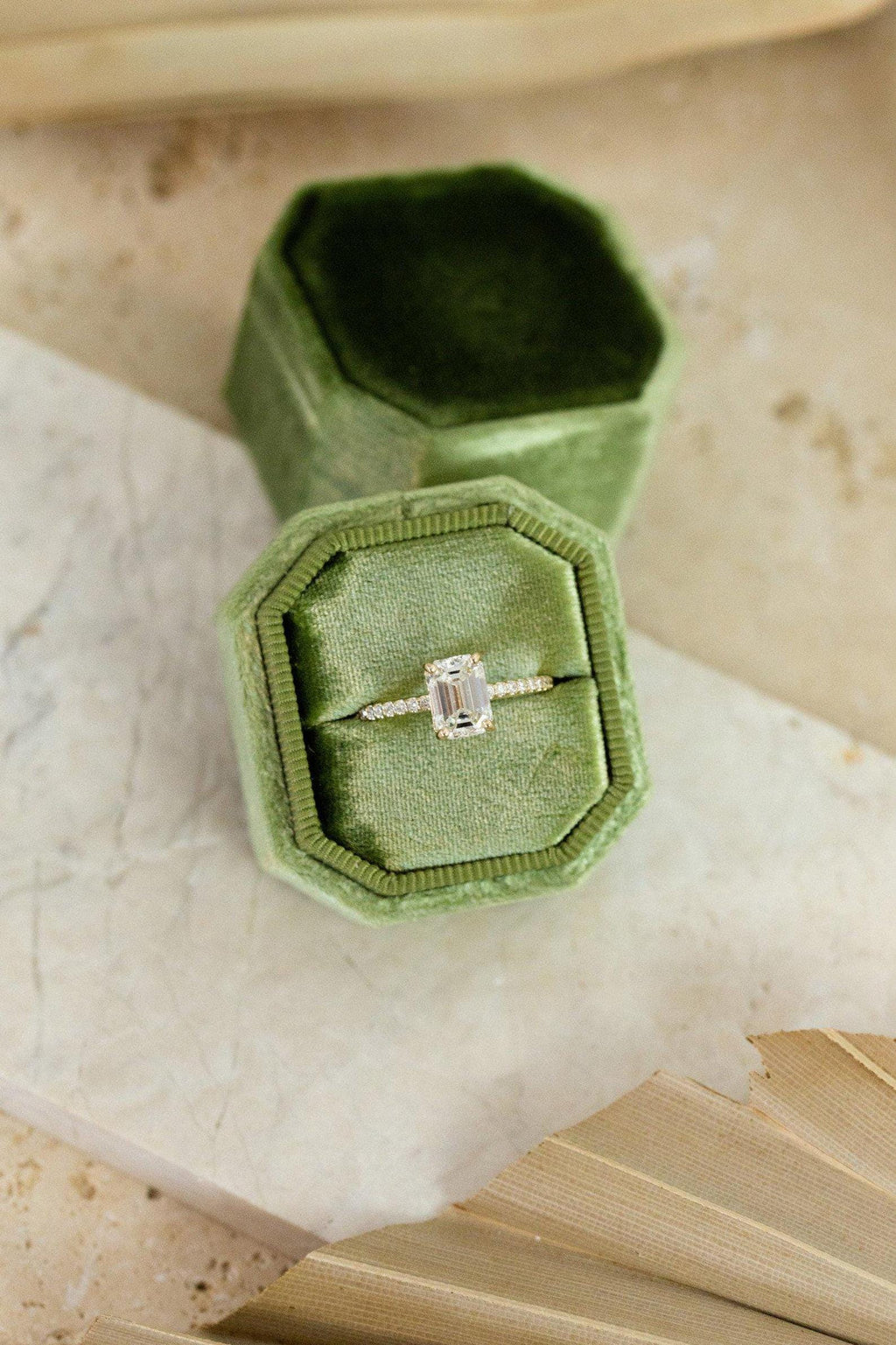 Emerald Cut Moissanite Halo Half Eternity Engagement Ring Top View