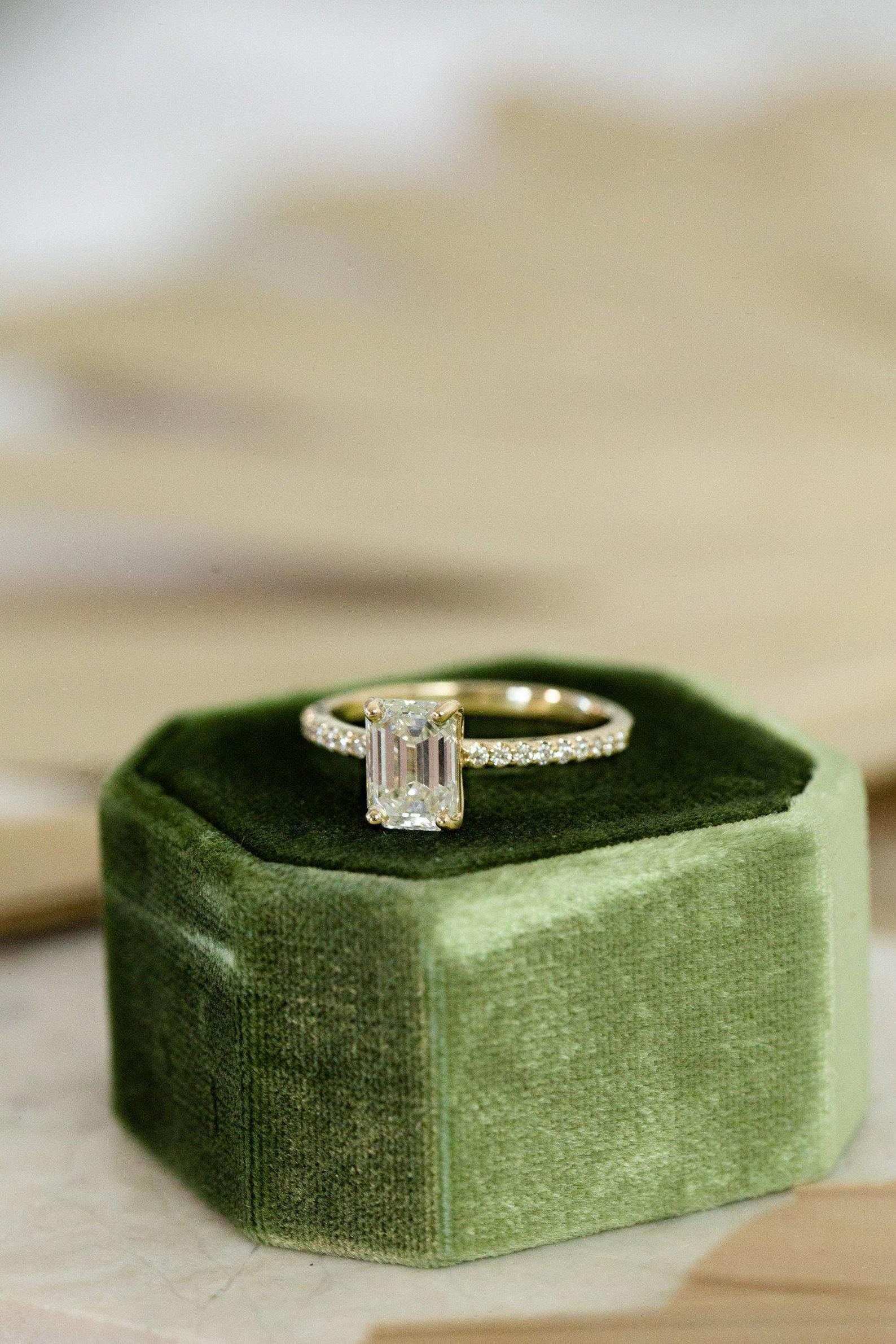 Emerald Cut Moissanite Halo Half Eternity Engagement Ring