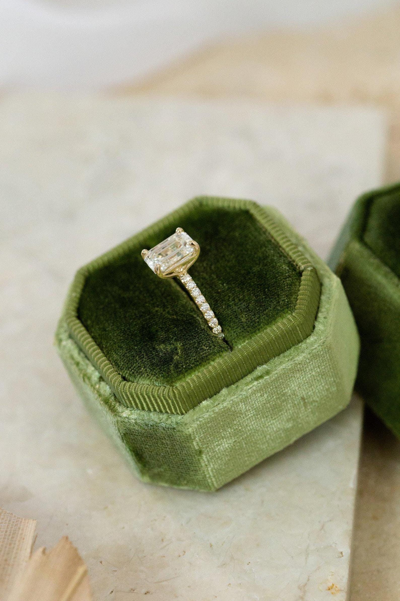 Emerald Cut Moissanite Halo Half Eternity Engagement Ring Main