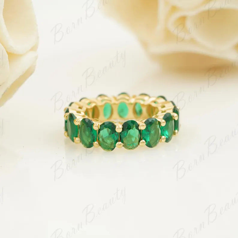Oval Green Emerald Wedding Band - 14K White Gold Side View