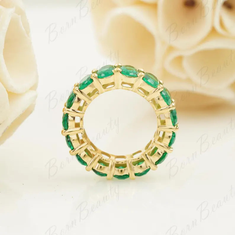 Oval Green Emerald Wedding Band