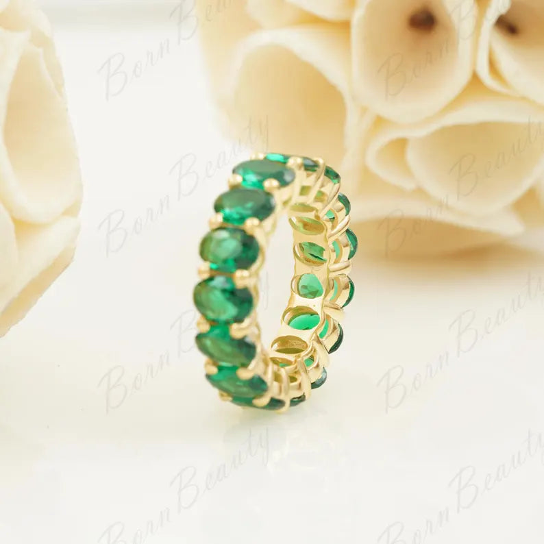 Oval Green Emerald Wedding Band