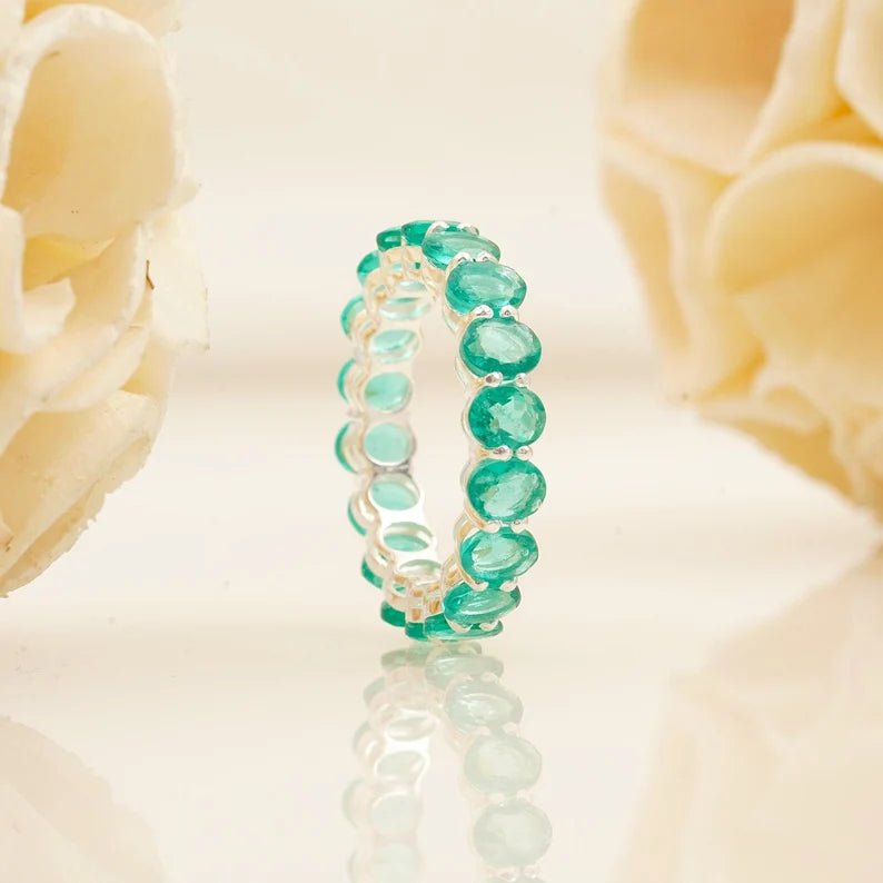 Oval Green Emerald Wedding Band