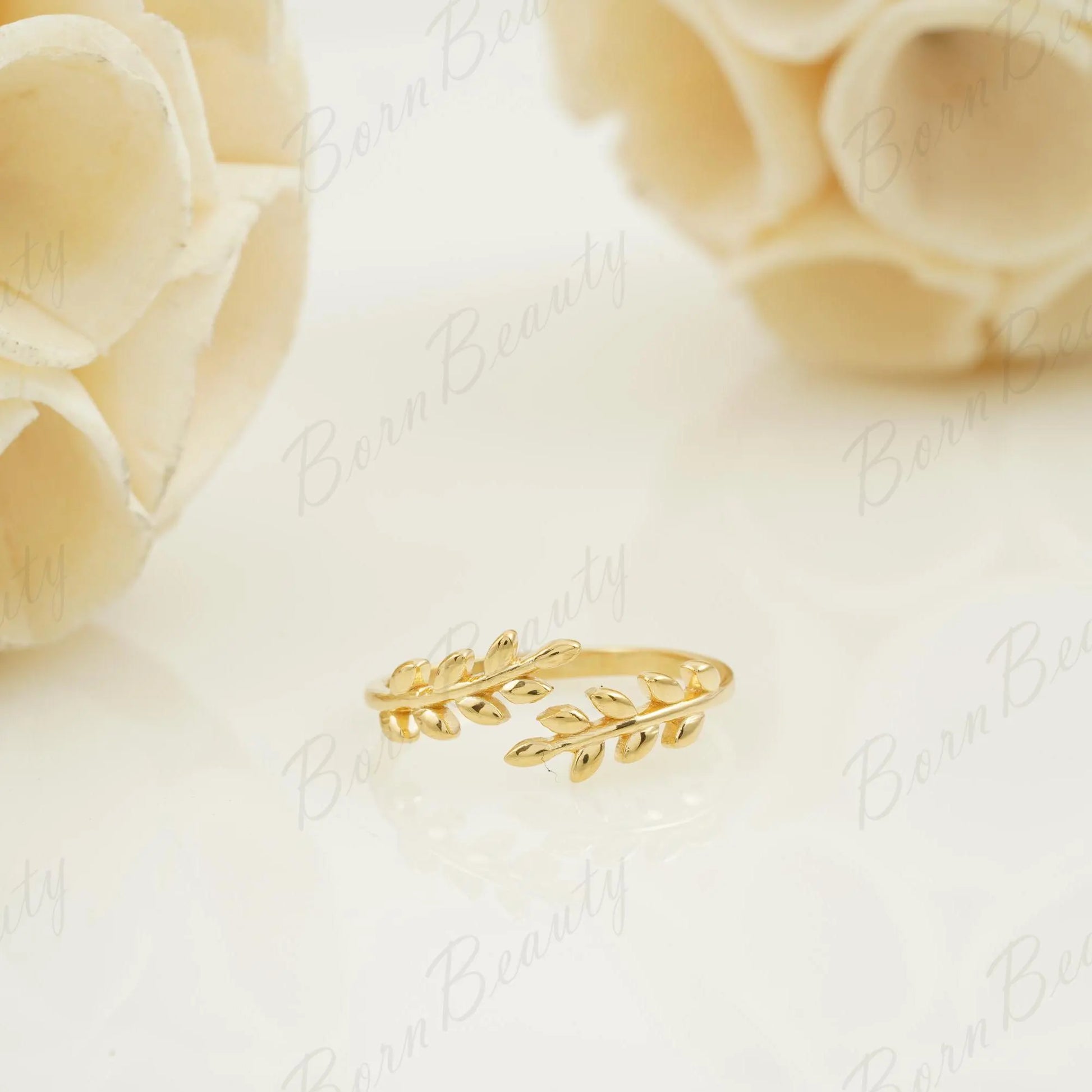 14K Solid Gold Olive Leaf Ring left