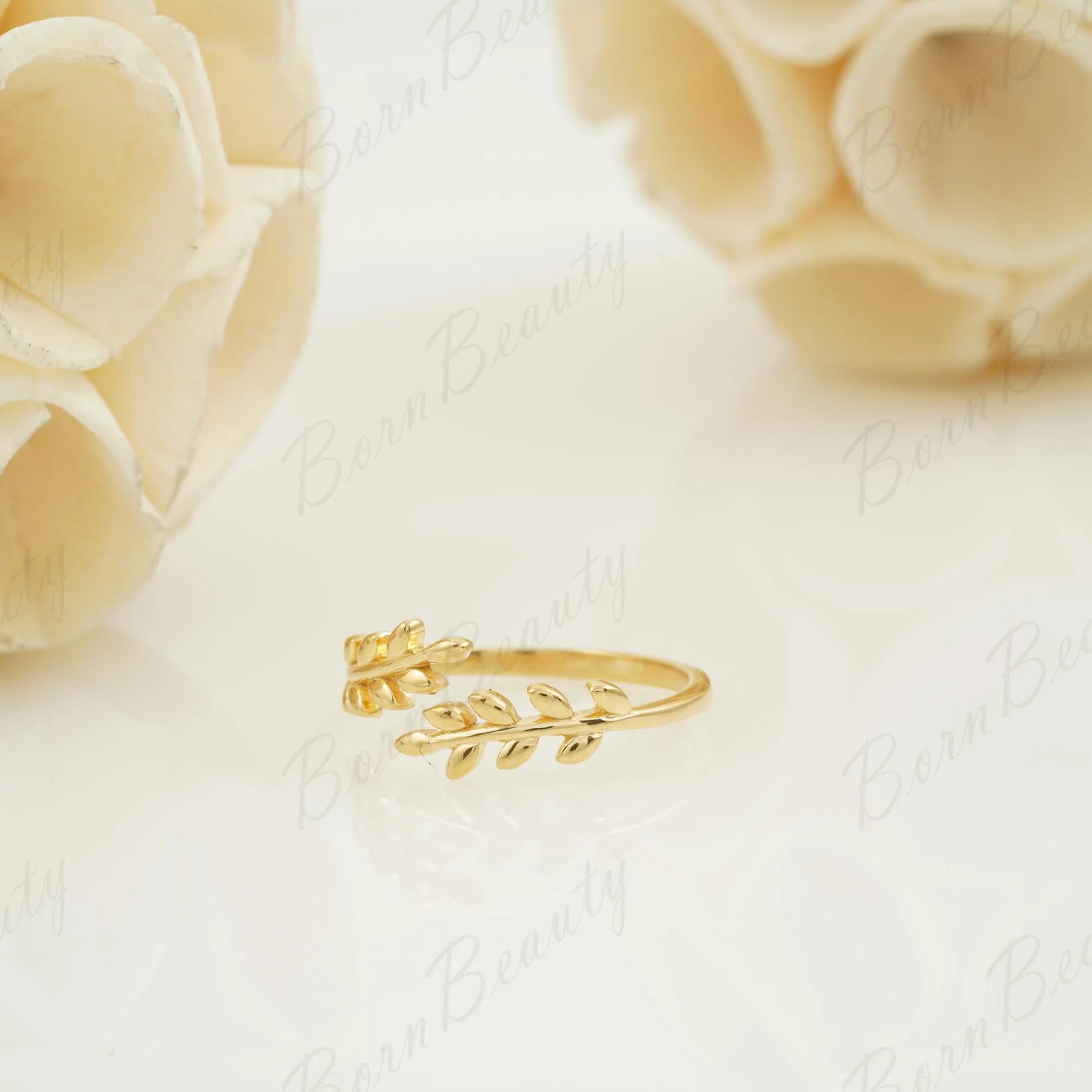 14K Solid Gold Olive Leaf Ring Right