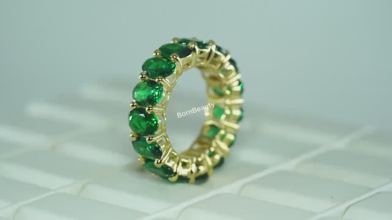 Oval Green Emerald Wedding Band