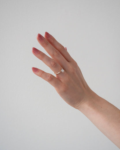 Emerald Cut Moissanite Solitaire Ring 14k Rose Gold With  Model Hand